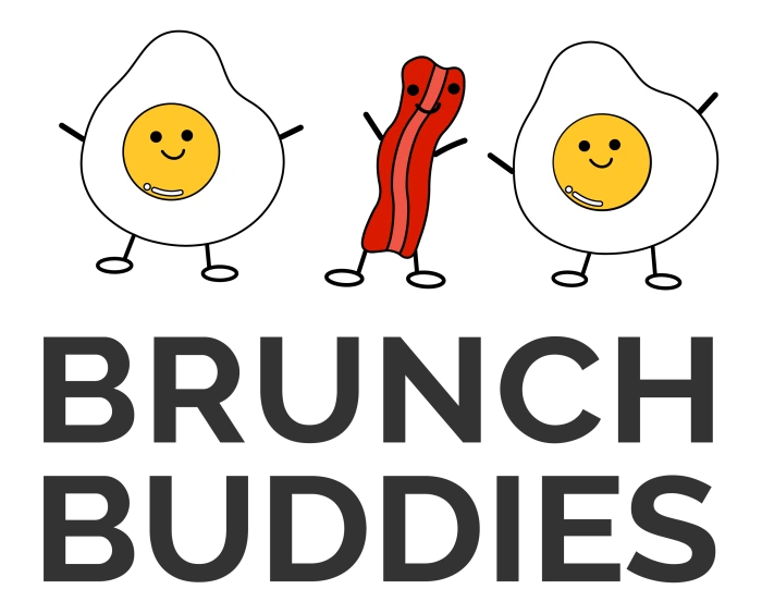 brunch buddies logo with illustrated friendly eggs and bacon