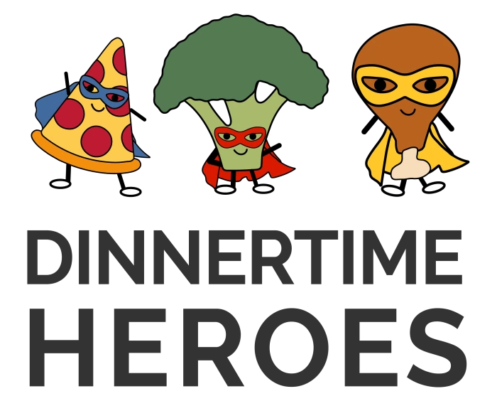 dinnertime heroes logo with illustrated food hero mascots